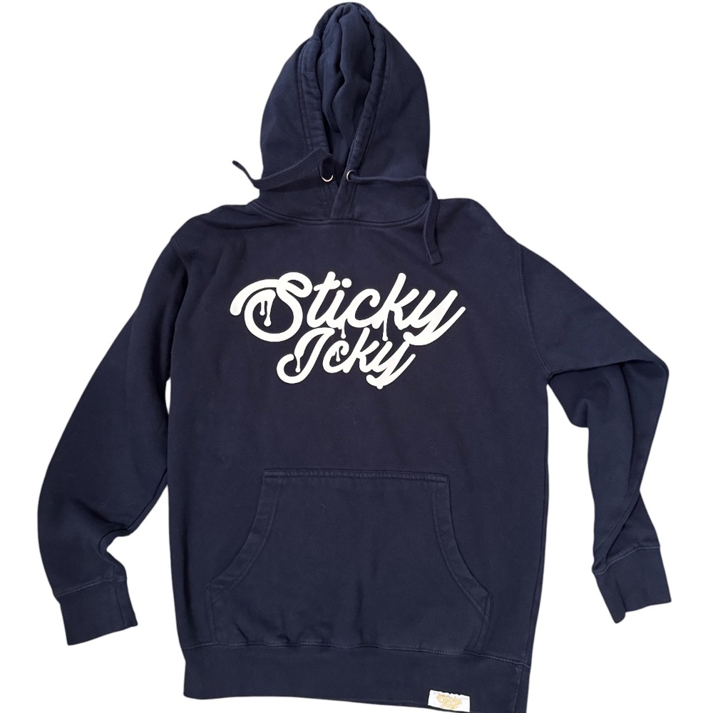 Sticky Icky Graphic Hoodie Navy Blue White Script Logo Sweatshirt Mens‎ Medium